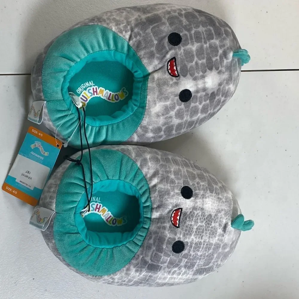 NWT Squishmallow Boys Gray & Teal Dinosaur Plush Slippers - Size 4/5